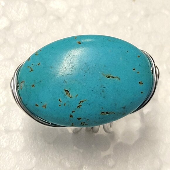 Turquoise Gemstone Ring Adjustable Stainless Steel Band, Handmade Turquoise Ring - Picture 7 of 10
